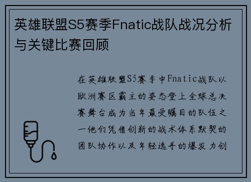 英雄联盟S5赛季Fnatic战队战况分析与关键比赛回顾