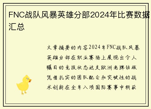 FNC战队风暴英雄分部2024年比赛数据汇总
