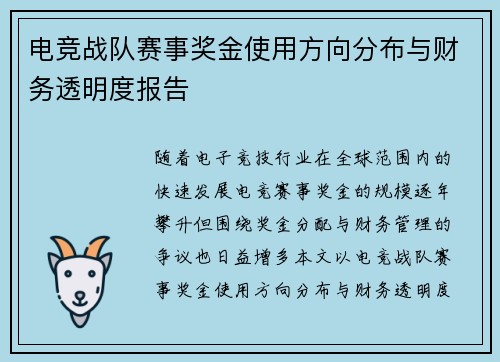 电竞战队赛事奖金使用方向分布与财务透明度报告
